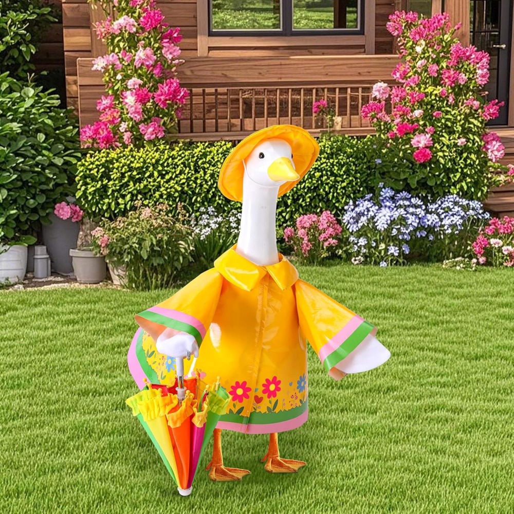 かわいいポーチグースのレインコート衣装、カラフルな傘付き、2 - Bonsai Garden Ornaments のレビューと価格